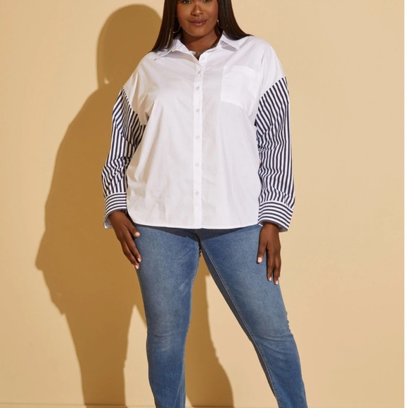 Plus ASHLEY STEWART Blue Striped Sleeved White Cotton Blend Shirt 14 - Picture 4 of 5
